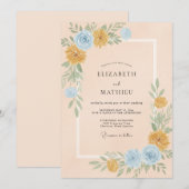 Invitation Mariage Fleur Sauvage Azur et Or (Devant / Derrière)