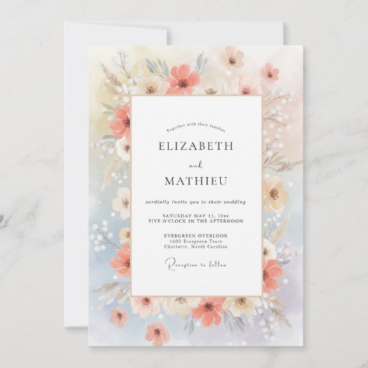 Invitation Mariage Fleur Sauvage Azurée Pêche (Devant)