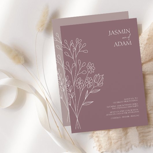 Invitation Mariage Fleur sauvage blanc à prune minimale