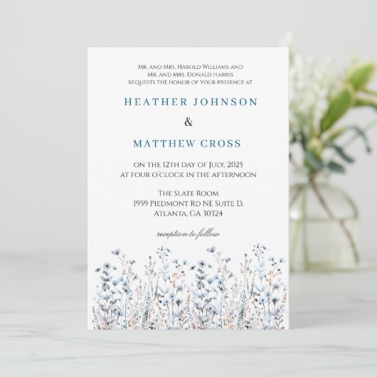 Invitation Mariage Fleur sauvage bleu (Debout devant)