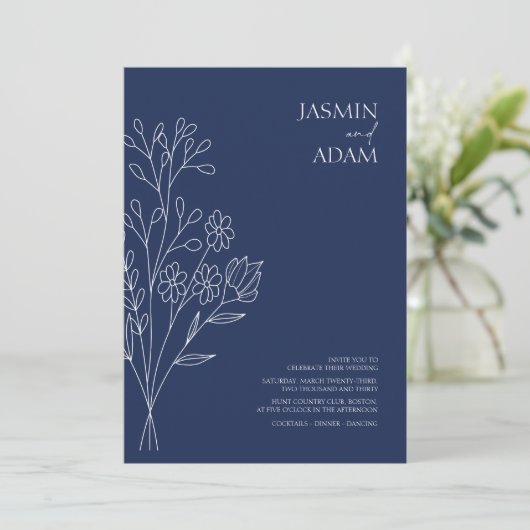 Invitation Mariage Fleur sauvage bleu bleu de la marine (Debout devant)