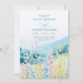 Invitation Mariage Fleur sauvage bleu foncé rose et jaune (Devant)