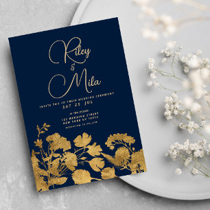 Invitation Mariage fleur sauvage bleu marine de luxe