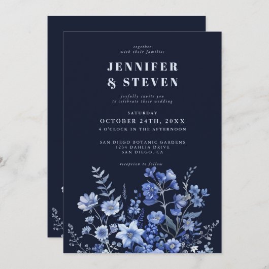Invitation Mariage Fleur sauvage bleu marine enchanté (Devant / Derrière)