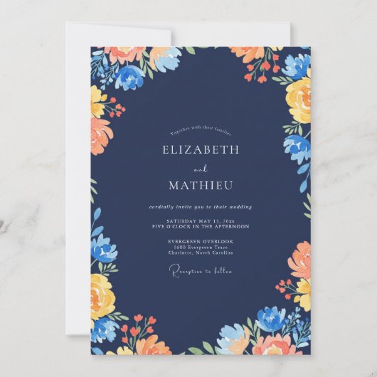 Invitation Mariage Fleur Sauvage Bleu Marine Ocre (Devant)