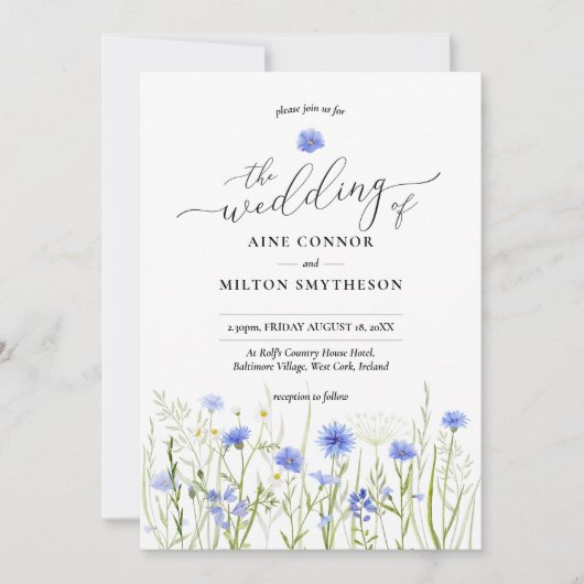 Invitation Mariage fleur sauvage bleu, police gracieuse, flor (Devant)