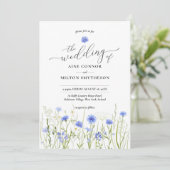Invitation Mariage fleur sauvage bleu, police gracieuse, flor (Debout devant)