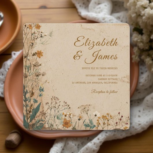 Invitation Mariage Fleur sauvage Boho rustique frontière beig