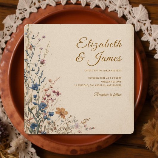 Invitation Mariage Fleur sauvage Boho rustique frontière beig
