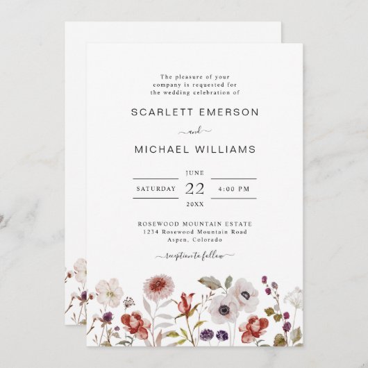 Invitation Mariage Fleur sauvage Boho Watercolor (Devant / Derrière)