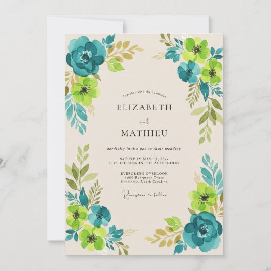 Invitation Mariage Fleur Sauvage Chartreuse Sarcelle (Devant)