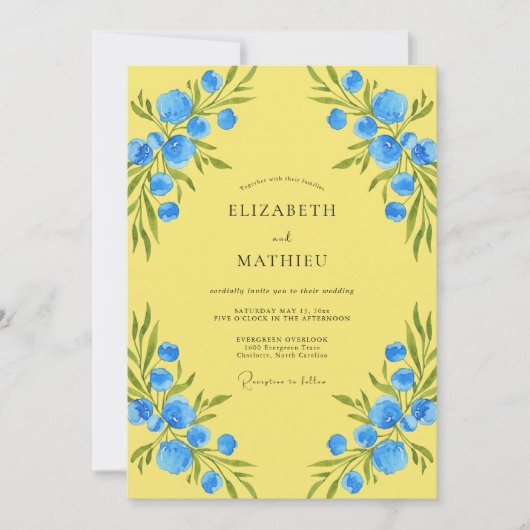Invitation Mariage Fleur Sauvage Citron Azur (Devant)