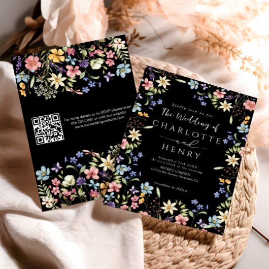 Invitation Mariage Fleur Sauvage Code QR Moderne Noir