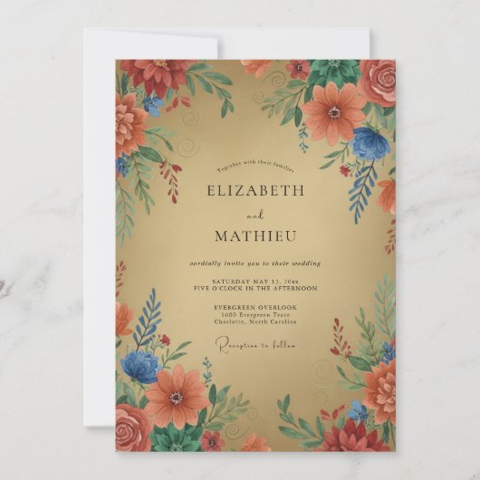 Invitation Mariage Fleur Sauvage Corail Doré (Devant)