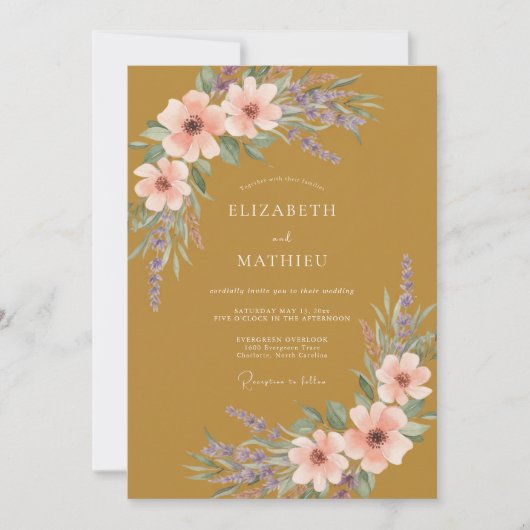 Invitation Mariage Fleur Sauvage Corail Moutarde (Devant)