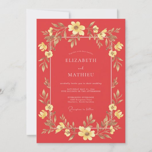 Invitation Mariage Fleur Sauvage Corail Or (Devant)
