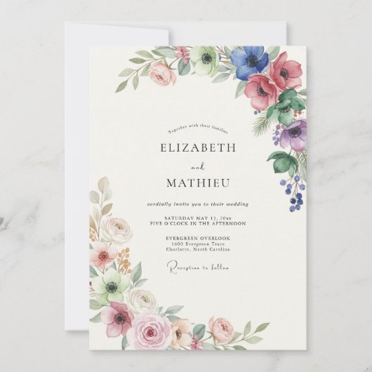 Invitation Mariage Fleur Sauvage Corail Pervenche (Devant)