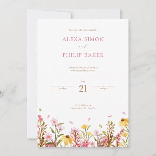 Invitation Mariage Fleur sauvage couleur rose et blanc (Devant)