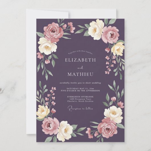 Invitation Mariage Fleur Sauvage Crème et Prune (Devant)