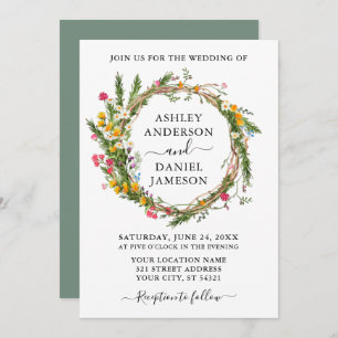 Invitation Mariage Fleur sauvage d'aquarelle vert de couronne