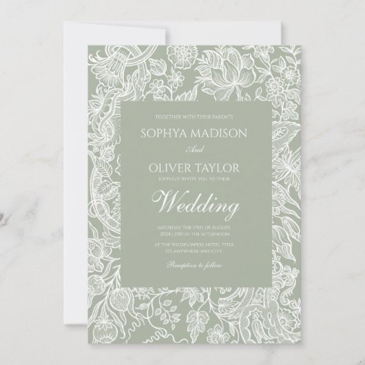 Invitation Mariage Fleur sauvage d'art simple Sage Green Line (Devant)