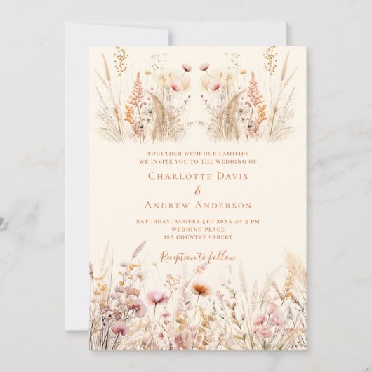 Invitation mariage fleur sauvage de boho crème (Devant)