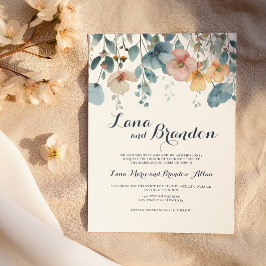 Invitation Mariage fleur sauvage de printemps rose Aquarelle