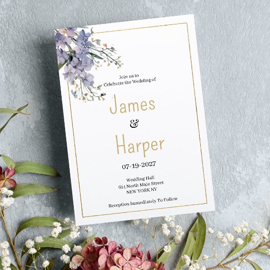 Invitation Mariage fleur sauvage d'été bleu lavande