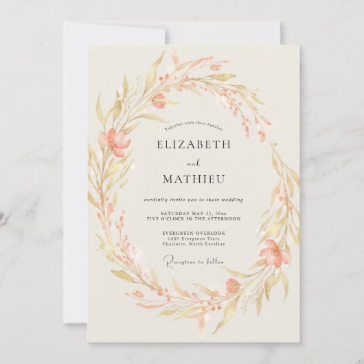 Invitation Mariage Fleur Sauvage Dorée Abricot (Devant)