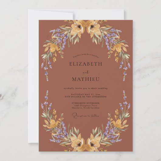 Invitation Mariage Fleur Sauvage Dorée Chaude Rouille (Devant)
