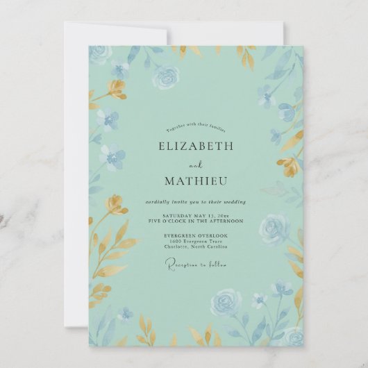 Invitation Mariage Fleur Sauvage Dorée Menthe (Devant)