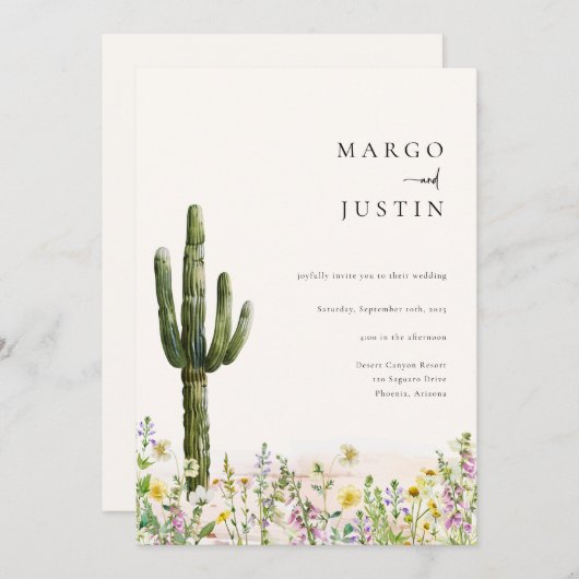 Invitation Mariage Fleur sauvage du désert Cactus (Devant / Derrière)