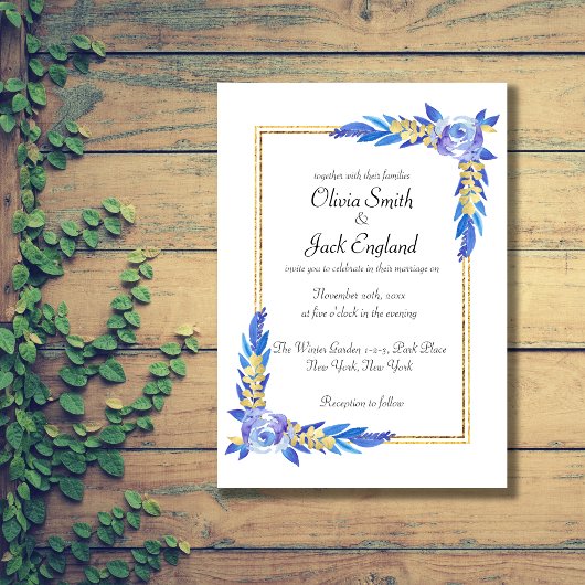 Invitation Mariage Fleur sauvage Elégant bleu Aquarelle