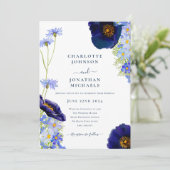 Invitation Mariage Fleur sauvage élégant bleu marine moderne (Debout devant)