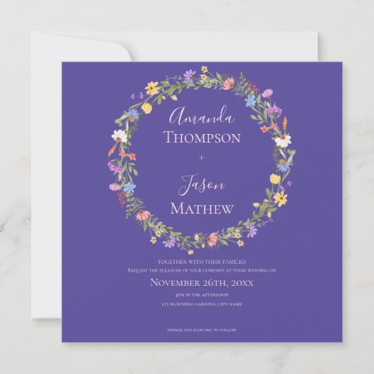 Invitation Mariage fleur sauvage Floral Bleu Et Violet (Devant)