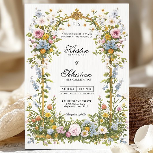 Invitation Mariage Fleur sauvage Gold Frame rose et bleu