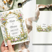 Invitation Mariage Fleur sauvage Gold Frame rose et bleu