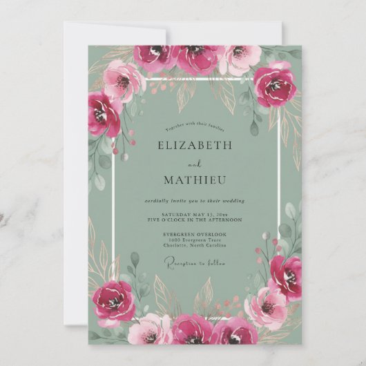 Invitation Mariage Fleur Sauvage Grise Fuchsia (Devant)