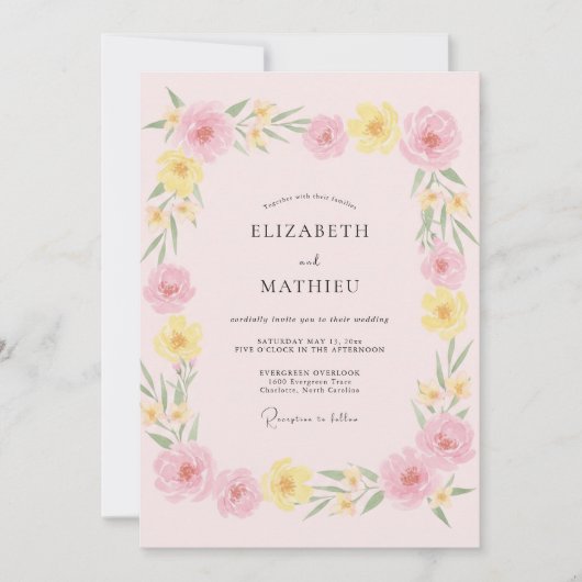 Invitation Mariage Fleur Sauvage Jaune Blush Doux (Devant)