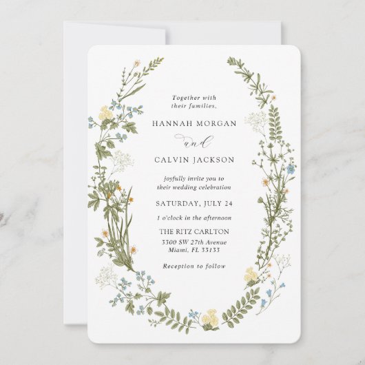 Invitation Mariage fleur sauvage jaune et bleu (Devant)