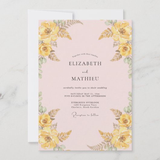 Invitation Mariage Fleur Sauvage Jaune Rosé (Devant)