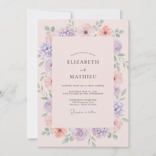 Invitation Mariage Fleur Sauvage Lilas Corail (Devant)