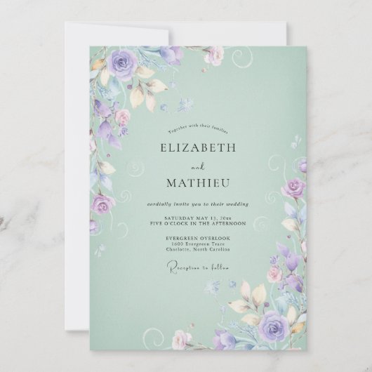Invitation Mariage Fleur Sauvage Lilas Menthe (Devant)