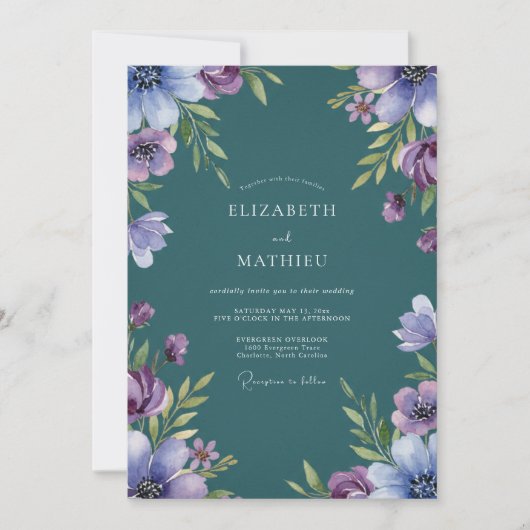 Invitation Mariage Fleur Sauvage Lilas Sarcelle (Devant)