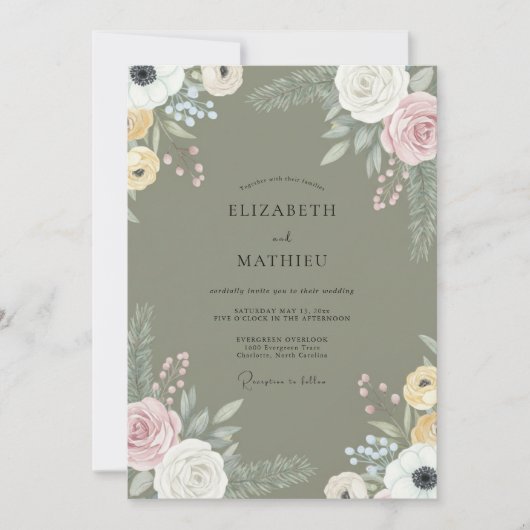 Invitation Mariage Fleur Sauvage Mauve Olive (Devant)