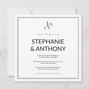 Invitation Mariage Fleur sauvage minimaliste BW Monogram