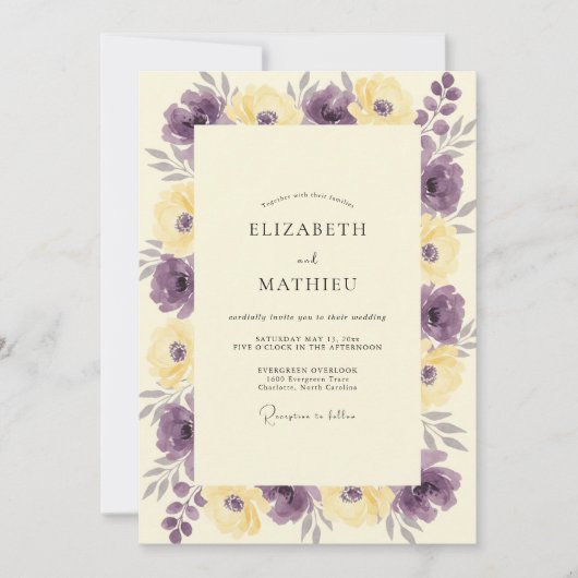 Invitation Mariage Fleur Sauvage Moderne Violet Jaune (Devant)