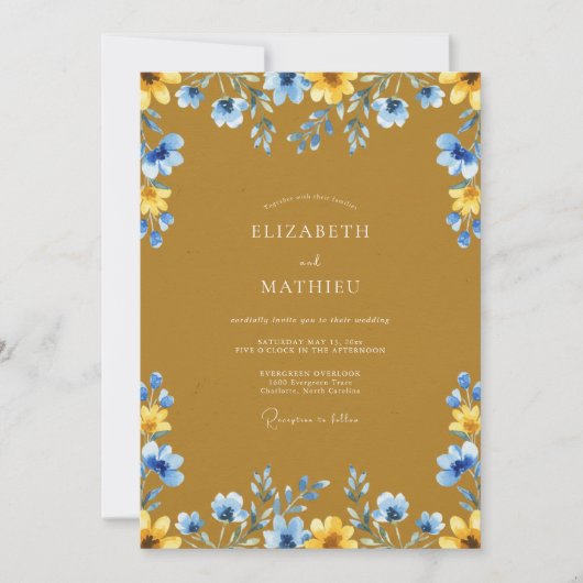 Invitation Mariage Fleur Sauvage Moutarde Azur (Devant)