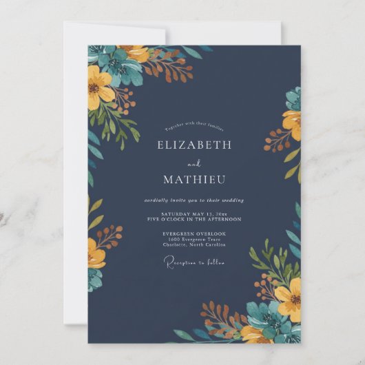Invitation Mariage Fleur Sauvage Moutarde Navy (Devant)