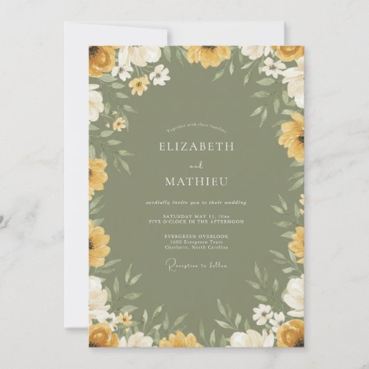 Invitation Mariage Fleur Sauvage Moutarde Olive (Devant)